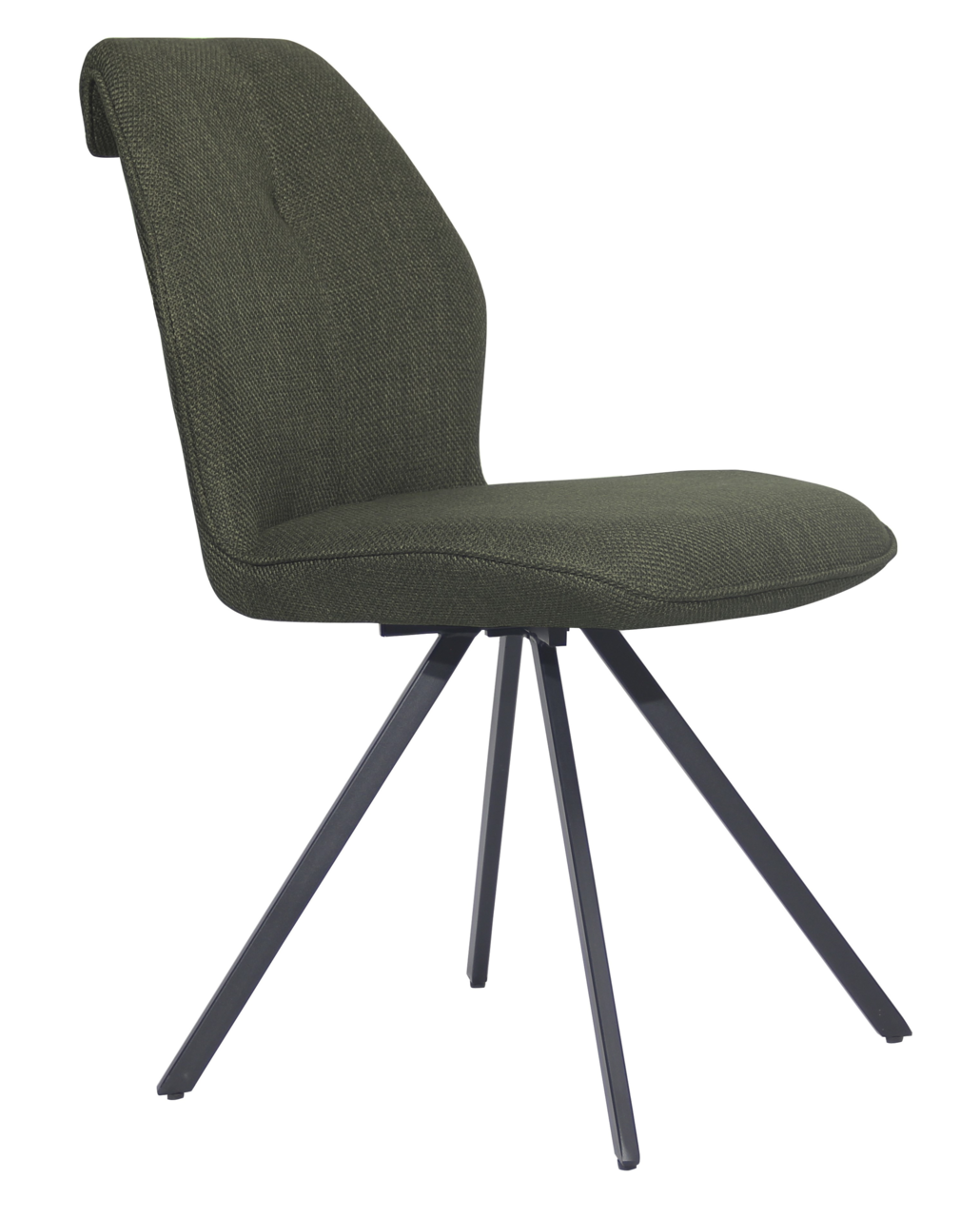 Moderner Stuhl mit dunkelgrünem Stoffbezug und schwarzem Metallgestell, seitliche Perspektive