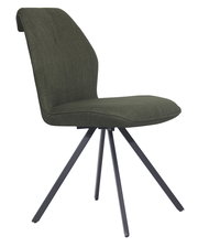 Moderner Stuhl mit dunkelgrünem Stoffbezug und schwarzem Metallgestell, seitliche Perspektive