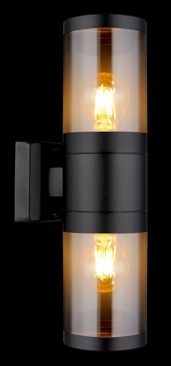 Moderne Außenleuchte mit zylindrischem Design und zwei sichtbaren Glühbirnen, seitliche Perspektive