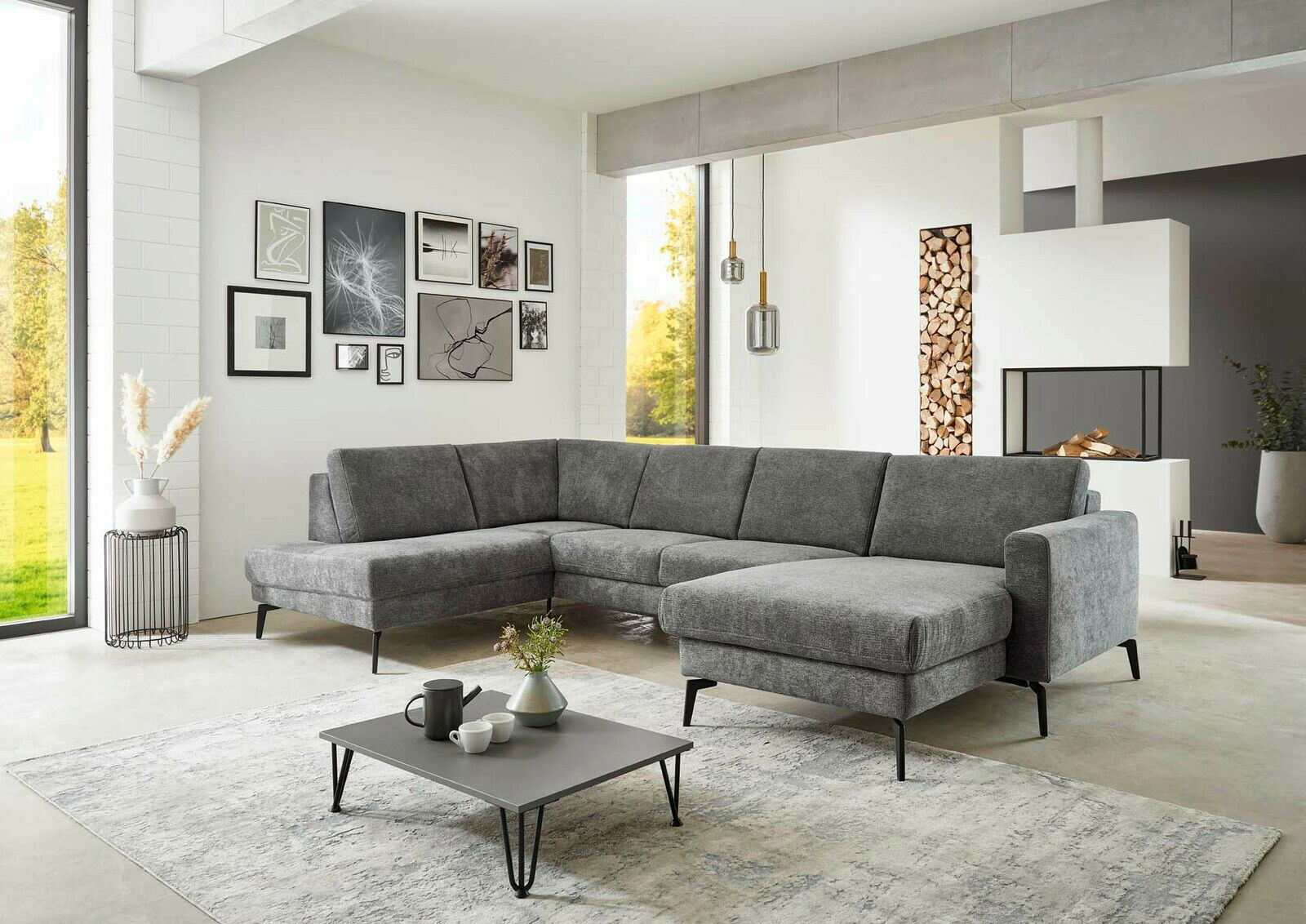 Beldomo System Ecksofa HAGEN S Graue Polsterrundecke in modernem Wohnzimmer, Perspektive von vorne links