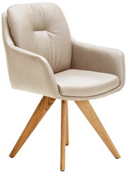 Beiger Armlehnstuhl mit Holzbeinen, seitliche Perspektive