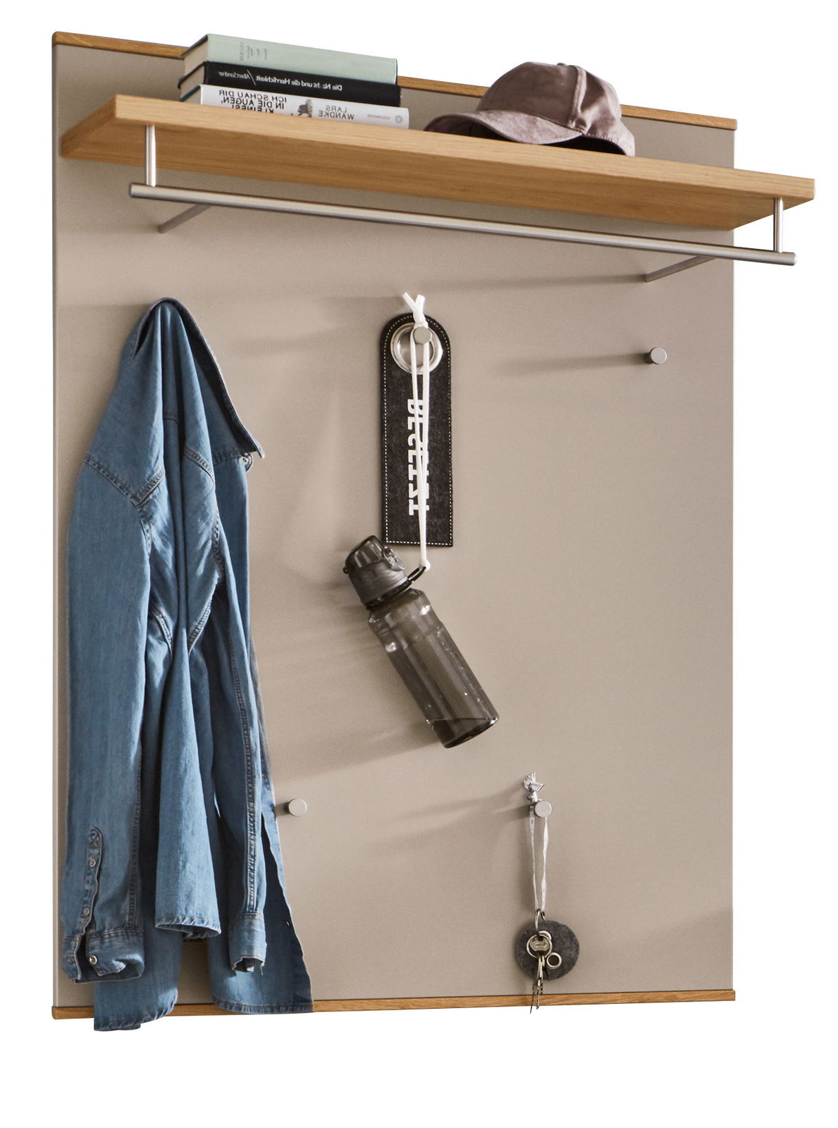 Garderobenpaneel mit Holzablage, Kleiderhaken und Stange, seitliche Perspektive