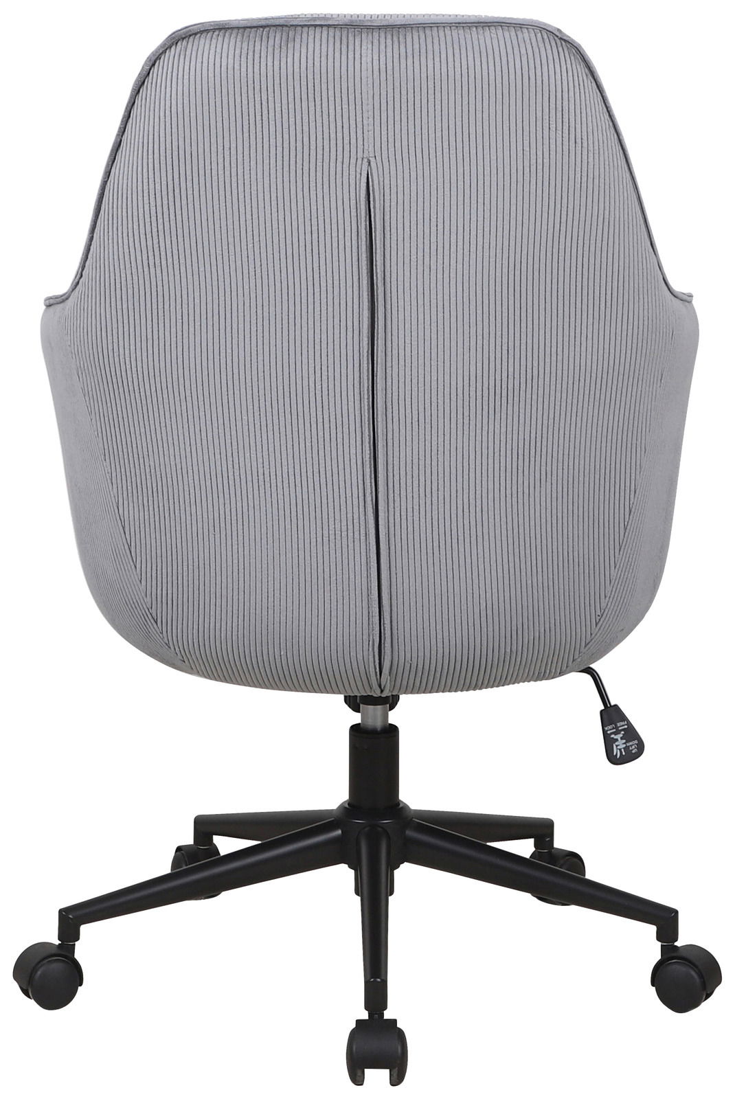 Rückansicht eines grauen Drehstuhls mit geripptem Stoffbezug und schwarzem Fußgestell auf Rollen.