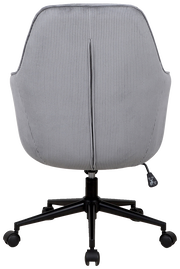 Rückansicht eines grauen Drehstuhls mit geripptem Stoffbezug und schwarzem Fußgestell auf Rollen.