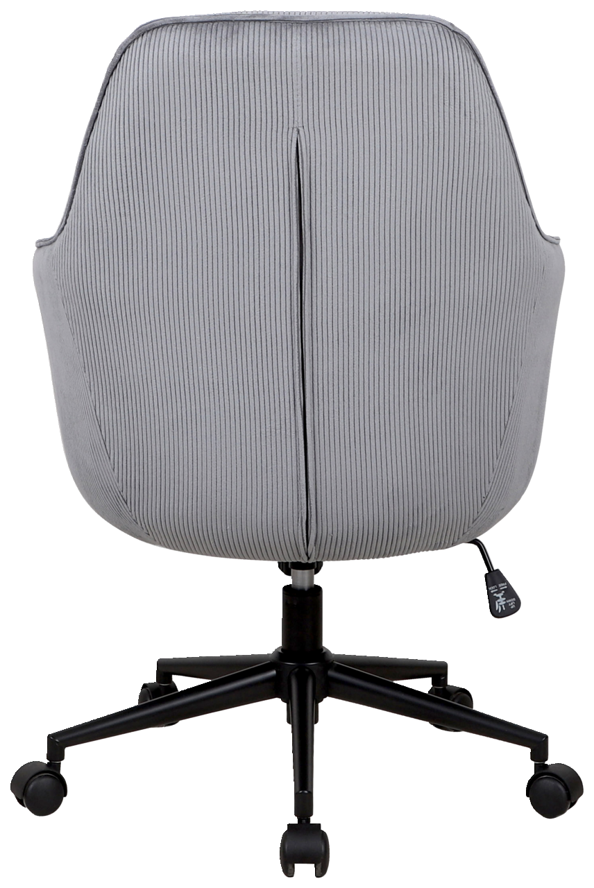 Rückansicht eines grauen Drehstuhls mit geripptem Stoffbezug und schwarzem Fußgestell auf Rollen.