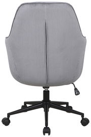 Rückansicht eines grauen Drehstuhls mit geripptem Stoffbezug und schwarzem Fußgestell auf Rollen.