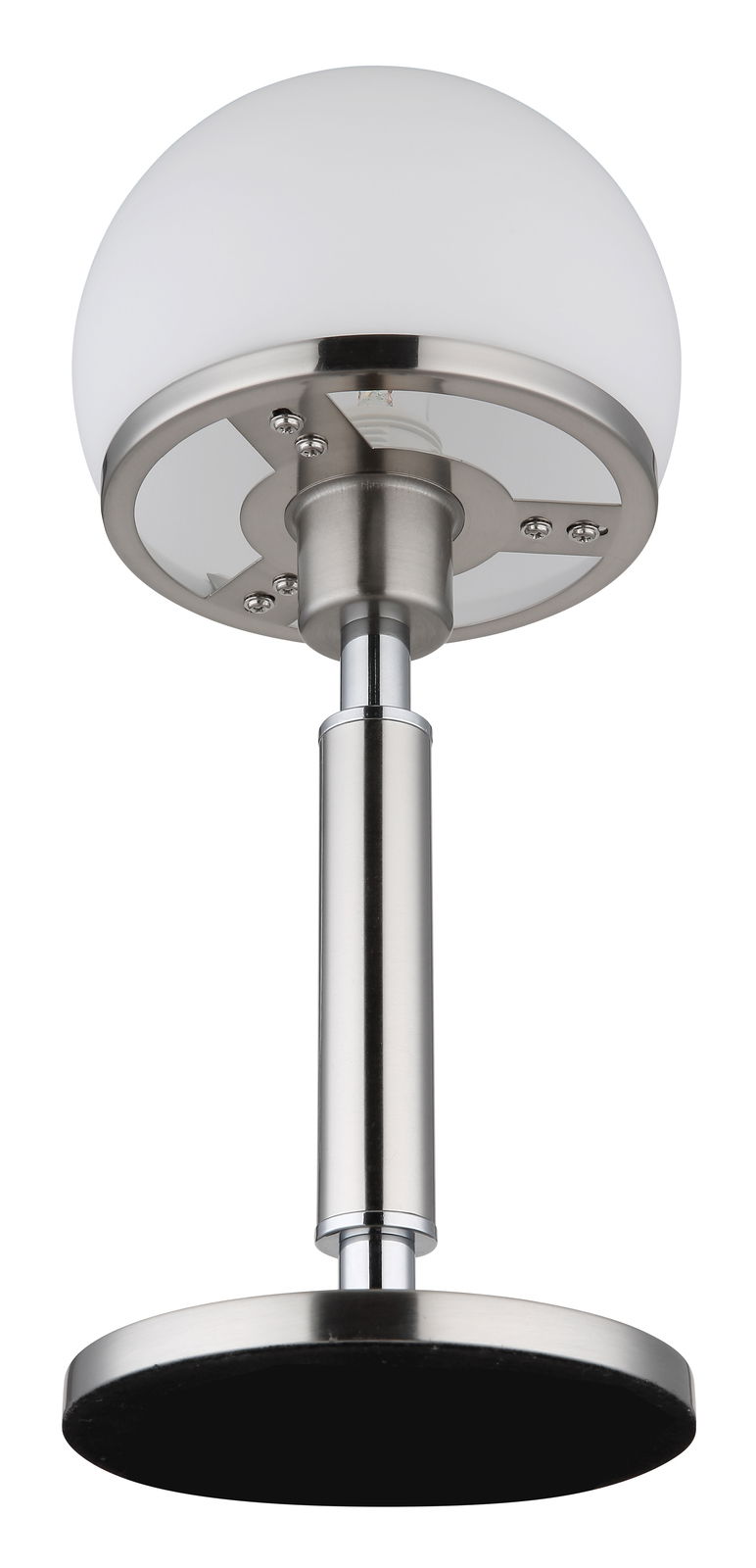 Moderne Tischleuchte HAKU von Globo Lighting mit weißem kugelförmigem Lampenschirm und silbernem Standfuß, seitliche Perspektive