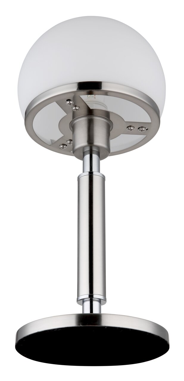 Moderne Tischleuchte HAKU von Globo Lighting mit weißem kugelförmigem Lampenschirm und silbernem Standfuß, seitliche Perspektive