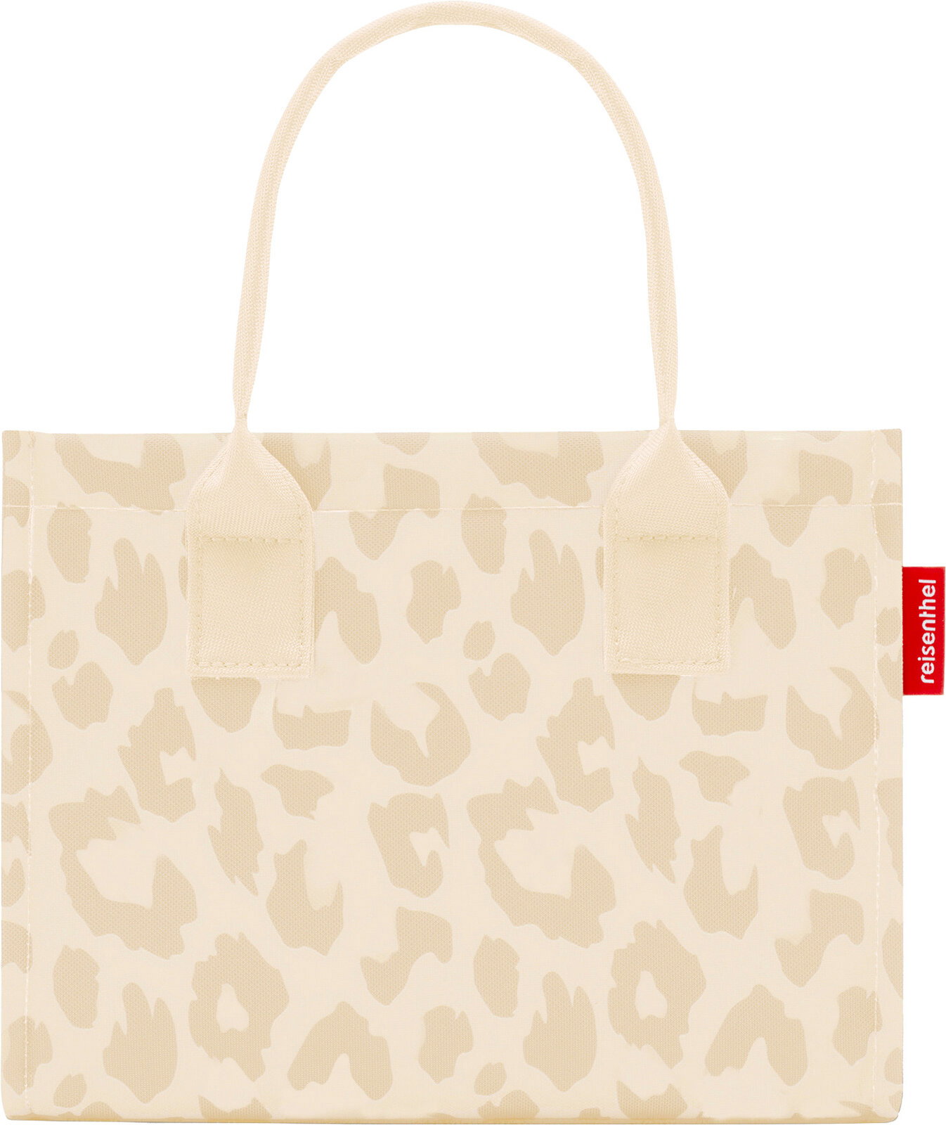 Beige-weiße Tragetasche mit Leopardenmuster und kurzen Henkeln, Frontansicht vor weißem Hintergrund
