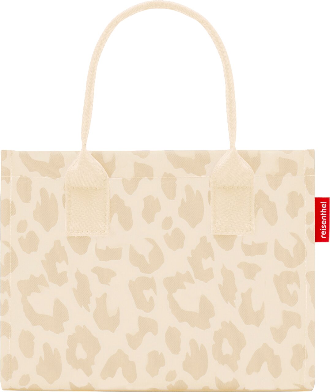 Beige-weiße Tragetasche mit Leopardenmuster und kurzen Henkeln, Frontansicht vor weißem Hintergrund