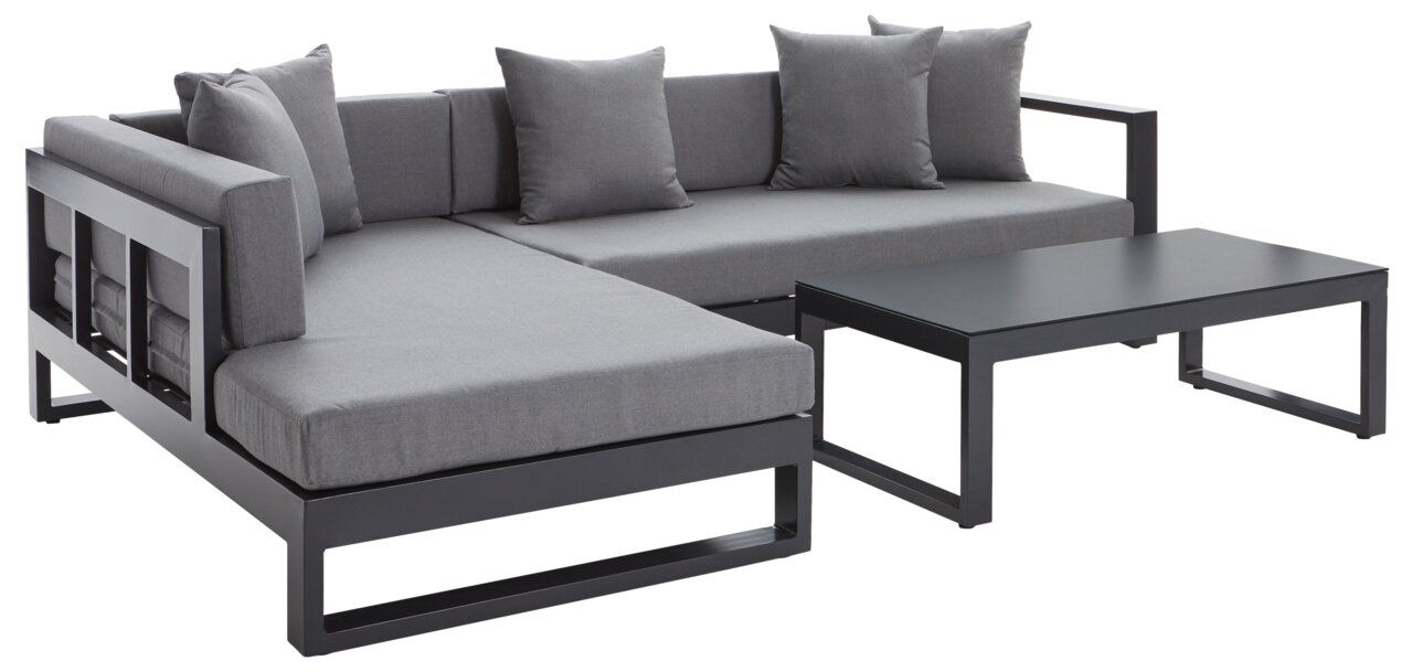 Amatio Lounge-Set (links) WILLIS Modernes Lounge-Set mit grauen Kissen und einem schwarzen Tisch, Perspektive von vorne links.