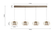 Moderne Pendelleuchte mit vier kugelförmigen Lampenschirmen aus Metall, hängend an einer rechteckigen Deckenhalterung. Frontale Ansicht.
