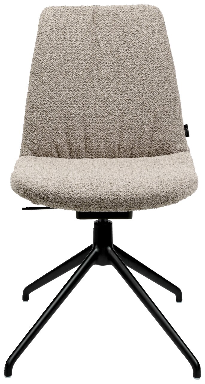 Moderner Stuhl mit beigem, strukturiertem Stoffbezug und schwarzem Metallgestell, Frontalansicht.