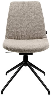 Moderner Stuhl mit beigem, strukturiertem Stoffbezug und schwarzem Metallgestell, Frontalansicht.