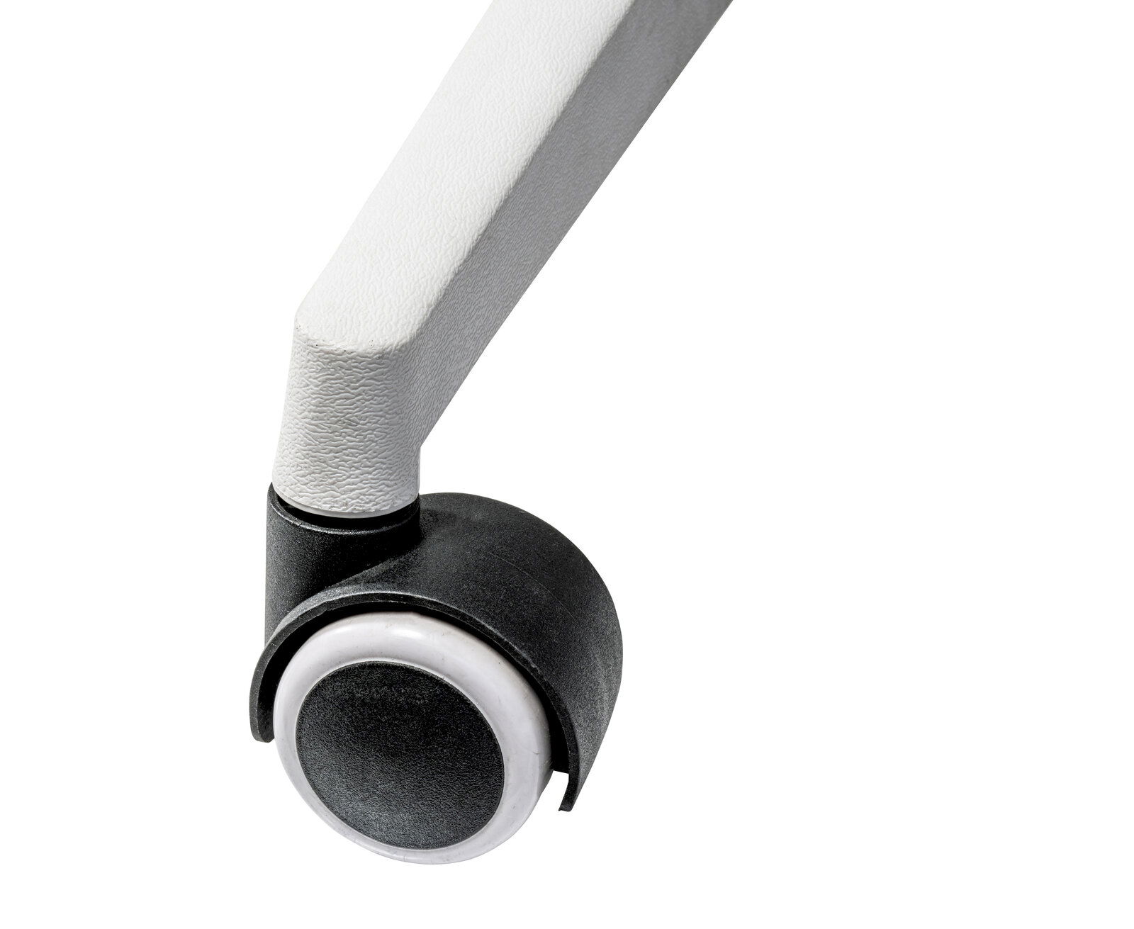 Nahaufnahme einer Stuhlrolle mit grauem Arm, seitliche Perspektive