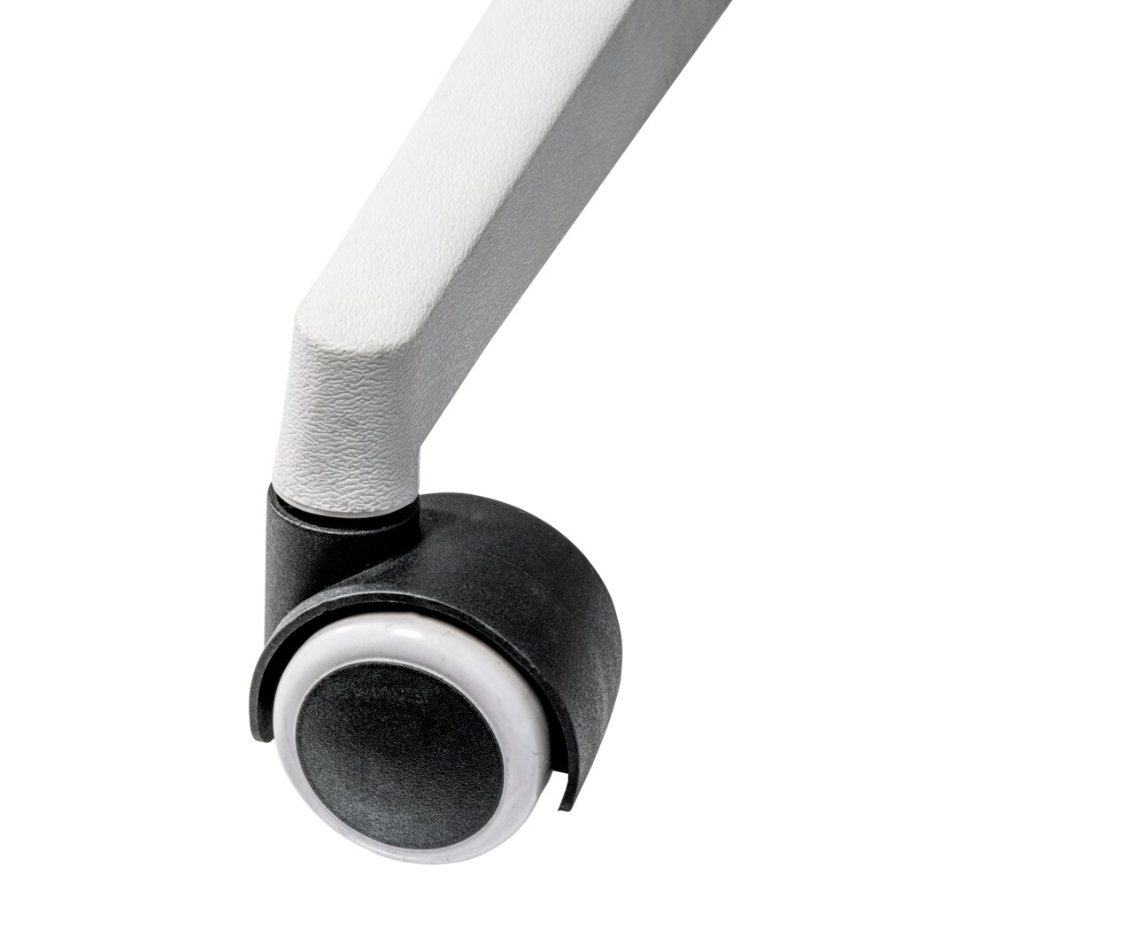 Nahaufnahme einer Stuhlrolle mit grauem Arm, seitliche Perspektive