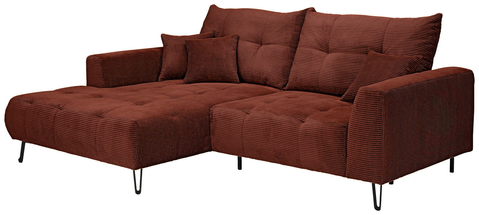 Braunes Ecksofa mit Ottomane links, aus gestreiftem Stoff, mit zwei Rückenkissen und zwei Zierkissen, seitliche Perspektive.