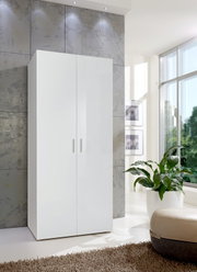 Moderner weißer Kleiderschrank mit zwei Türen, frontal fotografiert, in einem hellen Raum mit großen Fenstern und einer Pflanze im Vordergrund.
