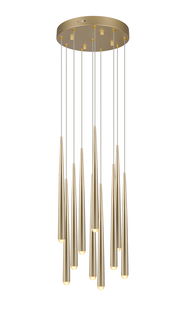 Goldene Pendelleuchte CALA mit mehreren zylindrischen Anhängern, von unten betrachtet.