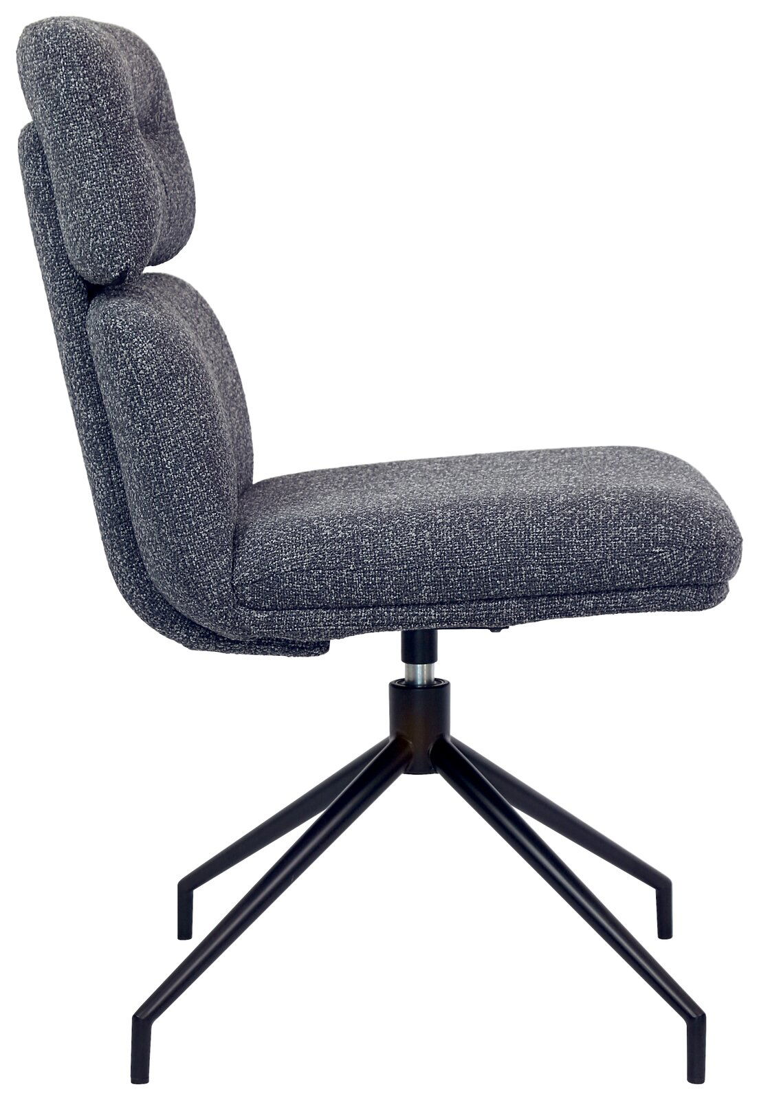 Moderner grauer Stuhl mit gepolsterter Rückenlehne und Sitzfläche, seitliche Ansicht