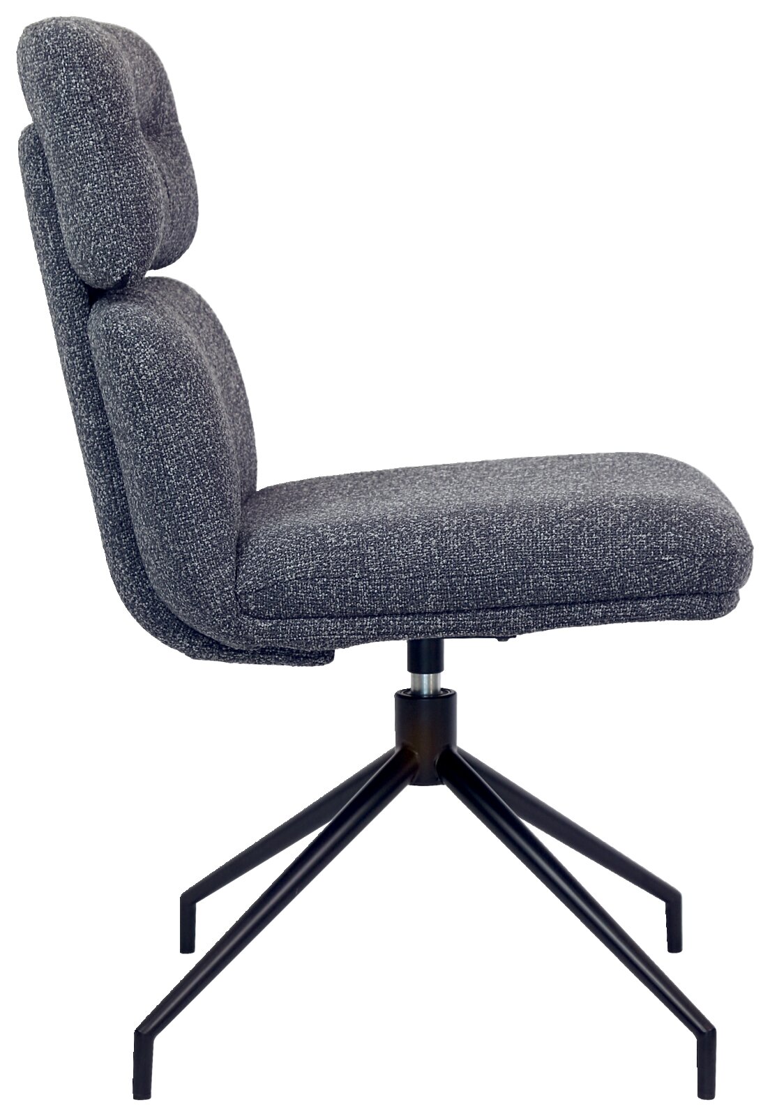 Moderner grauer Stuhl mit gepolsterter Rückenlehne und Sitzfläche, seitliche Ansicht