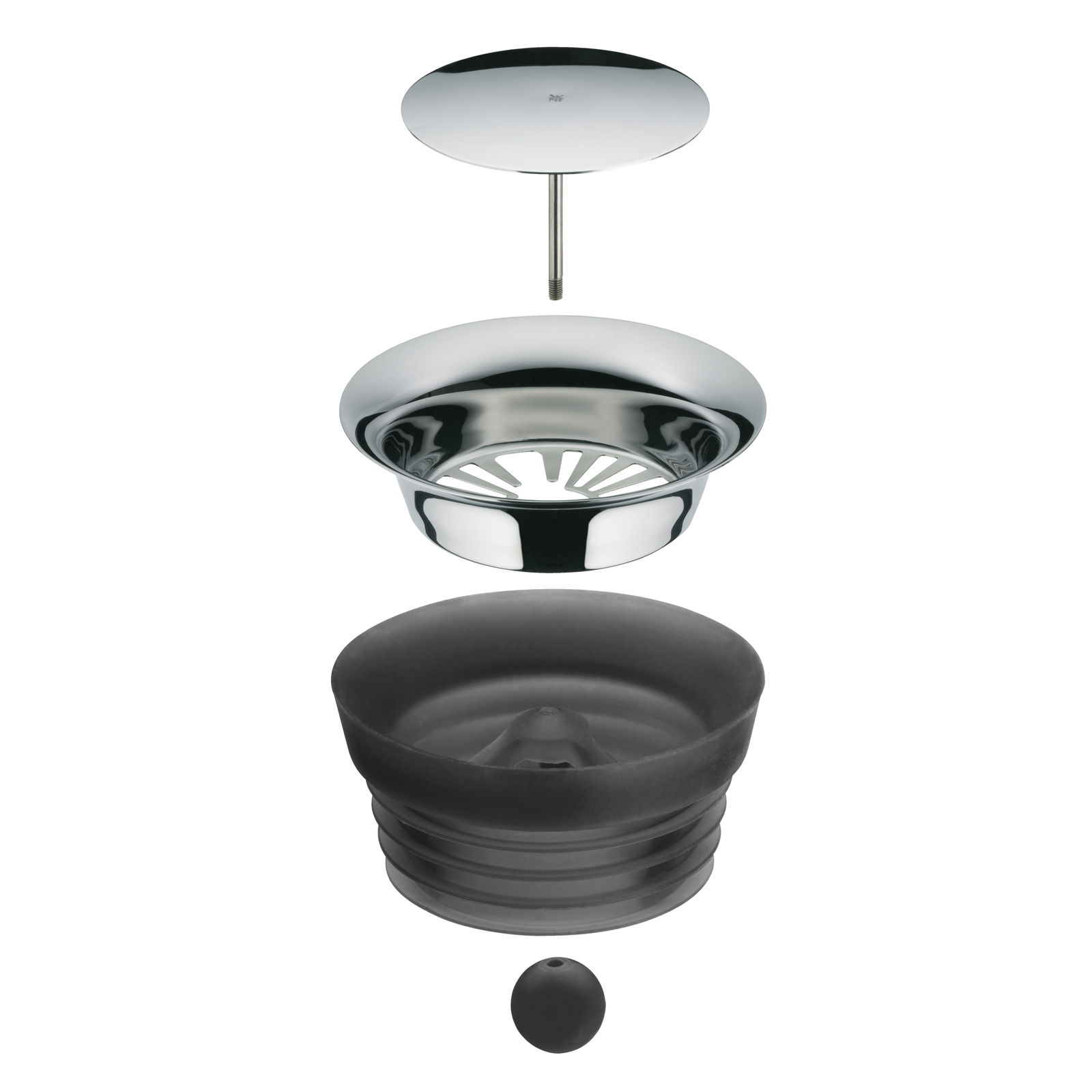 Explosionsansicht der Einzelteile einer Wasserkaraffe BASIC 1L, von oben nach unten: Deckel, Edelstahlsieb, Silikondichtung und Kugelverschluss.