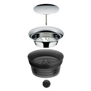 Explosionsansicht der Einzelteile einer Wasserkaraffe BASIC 1L, von oben nach unten: Deckel, Edelstahlsieb, Silikondichtung und Kugelverschluss.