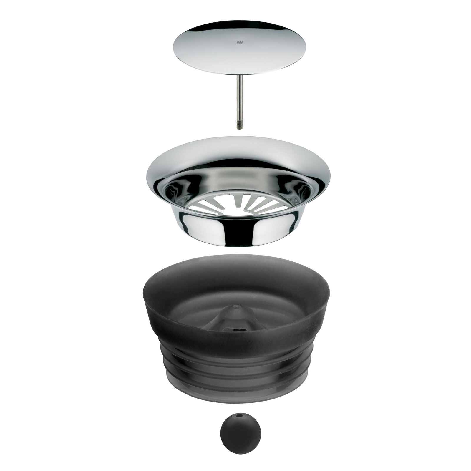 Explosionsansicht der Einzelteile einer Wasserkaraffe BASIC 1L, von oben nach unten: Deckel, Edelstahlsieb, Silikondichtung und Kugelverschluss.