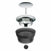 Explosionsansicht der Einzelteile einer Wasserkaraffe BASIC 1L, von oben nach unten: Deckel, Edelstahlsieb, Silikondichtung und Kugelverschluss.