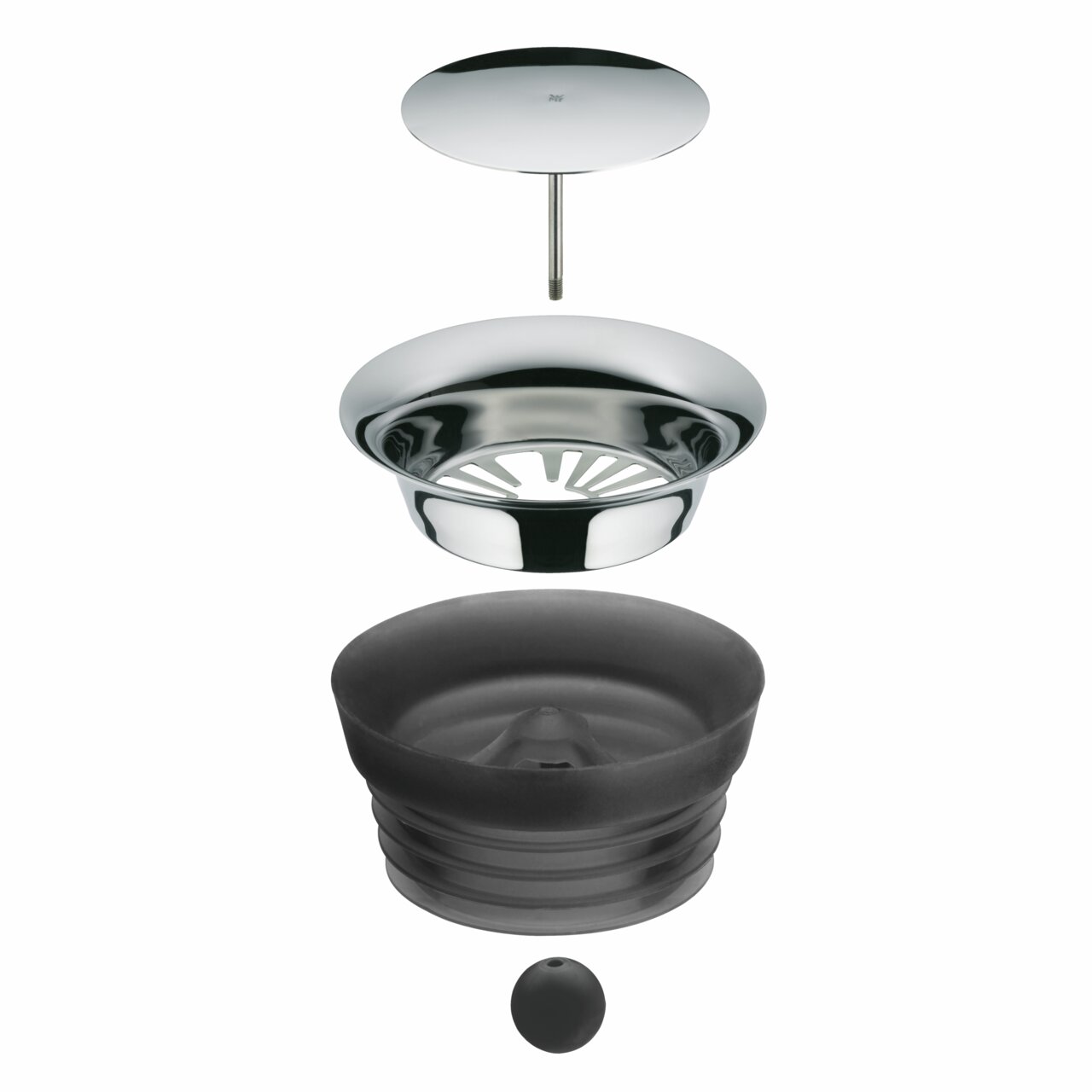 Explosionsansicht der Einzelteile einer Wasserkaraffe BASIC 1L, von oben nach unten: Deckel, Edelstahlsieb, Silikondichtung und Kugelverschluss.