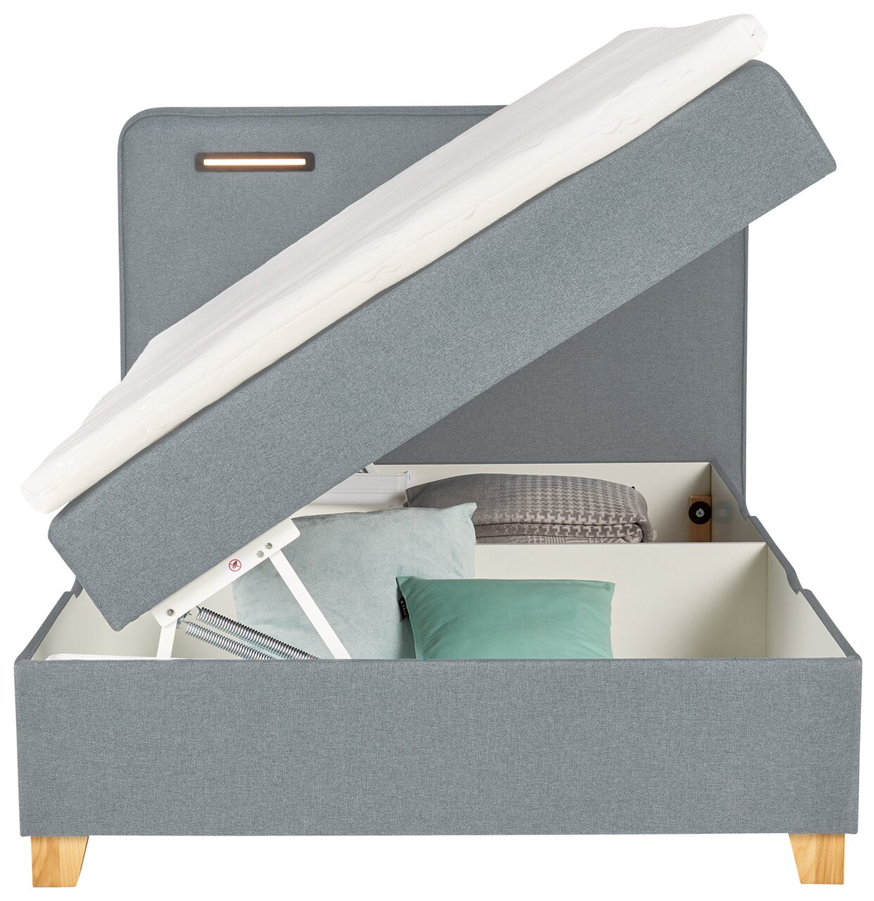 Boxbett mit aufklappbarem Stauraum, seitliche Perspektive
