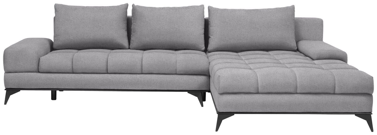 Graues Ecksofa mit drei Rückenkissen und einer Ottomane auf der rechten Seite, Vorderansicht