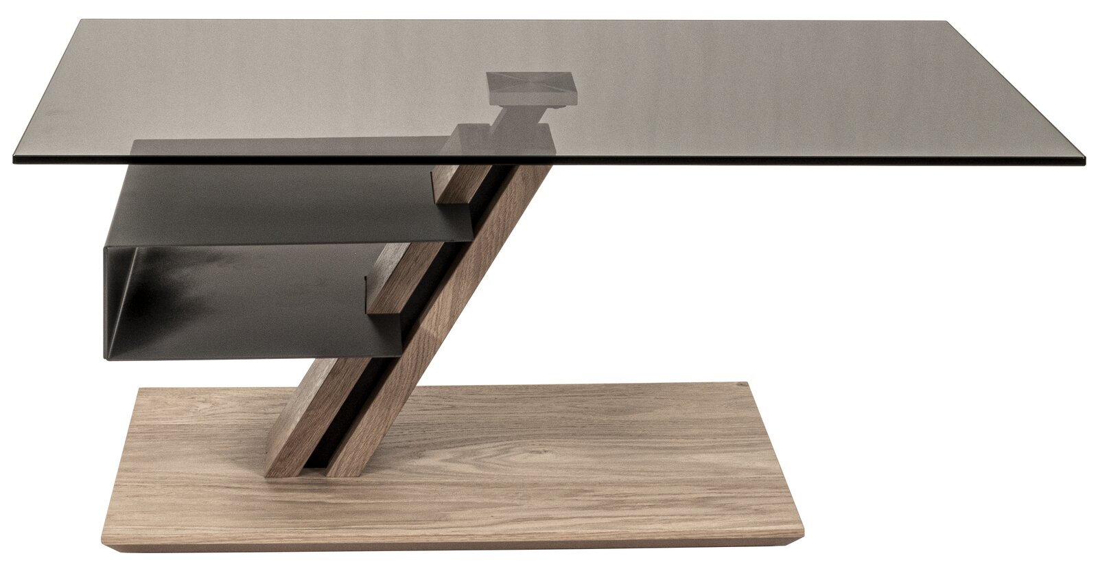 Moderner Couchtisch mit Glasplatte und einzigartigem Holz- und Metallgestell, seitliche Perspektive