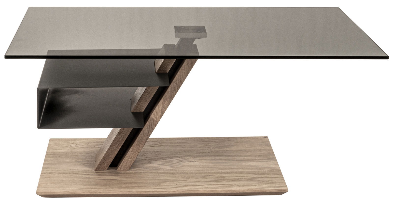 Moderner Couchtisch mit Glasplatte und einzigartigem Holz- und Metallgestell, seitliche Perspektive