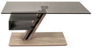 Moderner Couchtisch mit Glasplatte und einzigartigem Holz- und Metallgestell, seitliche Perspektive