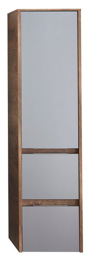 Moderner Midischrank in Holzoptik mit grauen Fronten, frontal betrachtet.