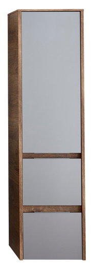 Moderner Midischrank in Holzoptik mit grauen Fronten, frontal betrachtet.