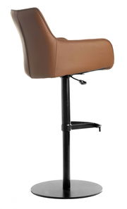 Seitenansicht eines braunen Barhockers mit schwarzem Metallfuß und Fußstütze.