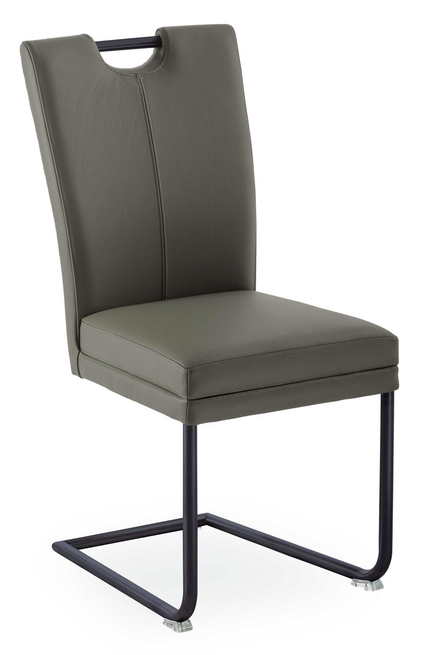 Freischwinger-Stuhl in olivgrünem Leder mit schwarzem Metallgestell, seitliche Perspektive