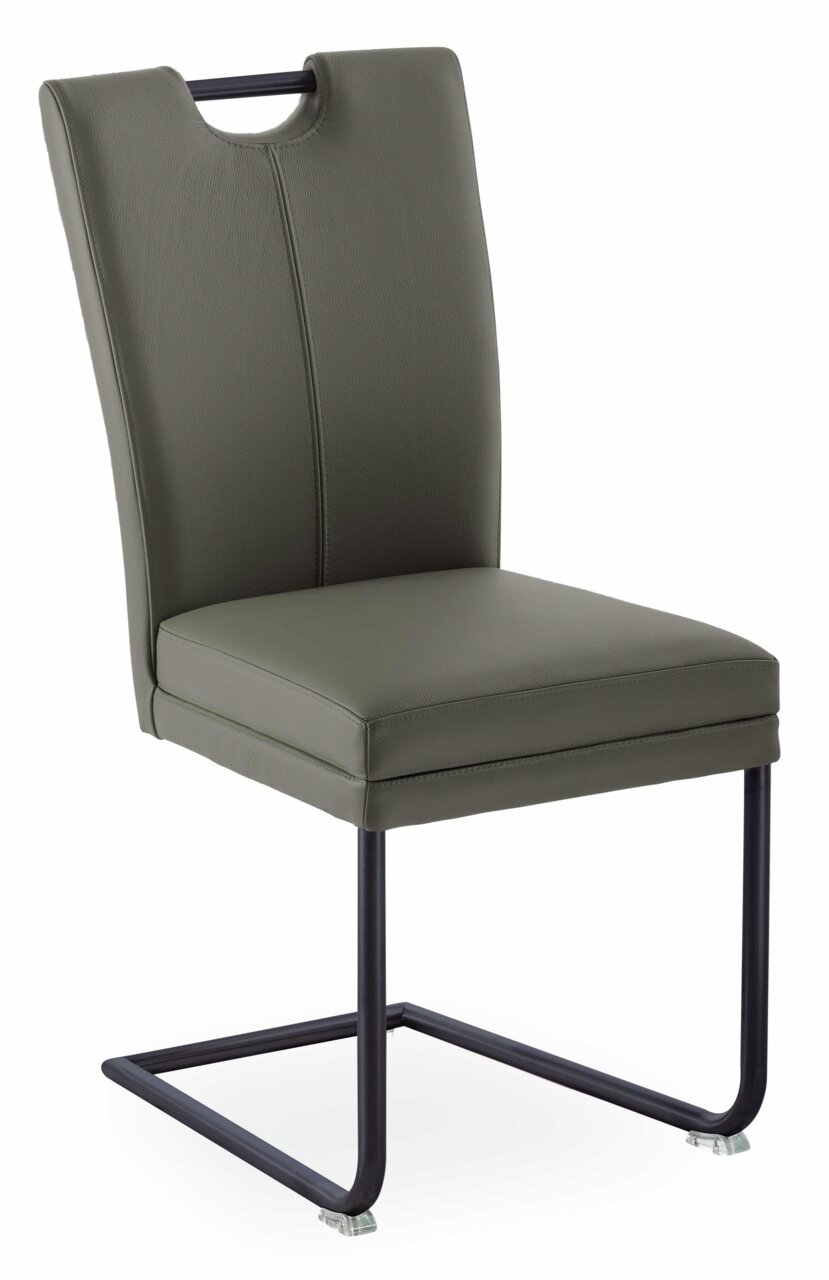 Valdera Freischwinger-Stuhl COLORA Freischwinger-Stuhl in olivgrünem Leder mit schwarzem Metallgestell, seitliche Perspektive