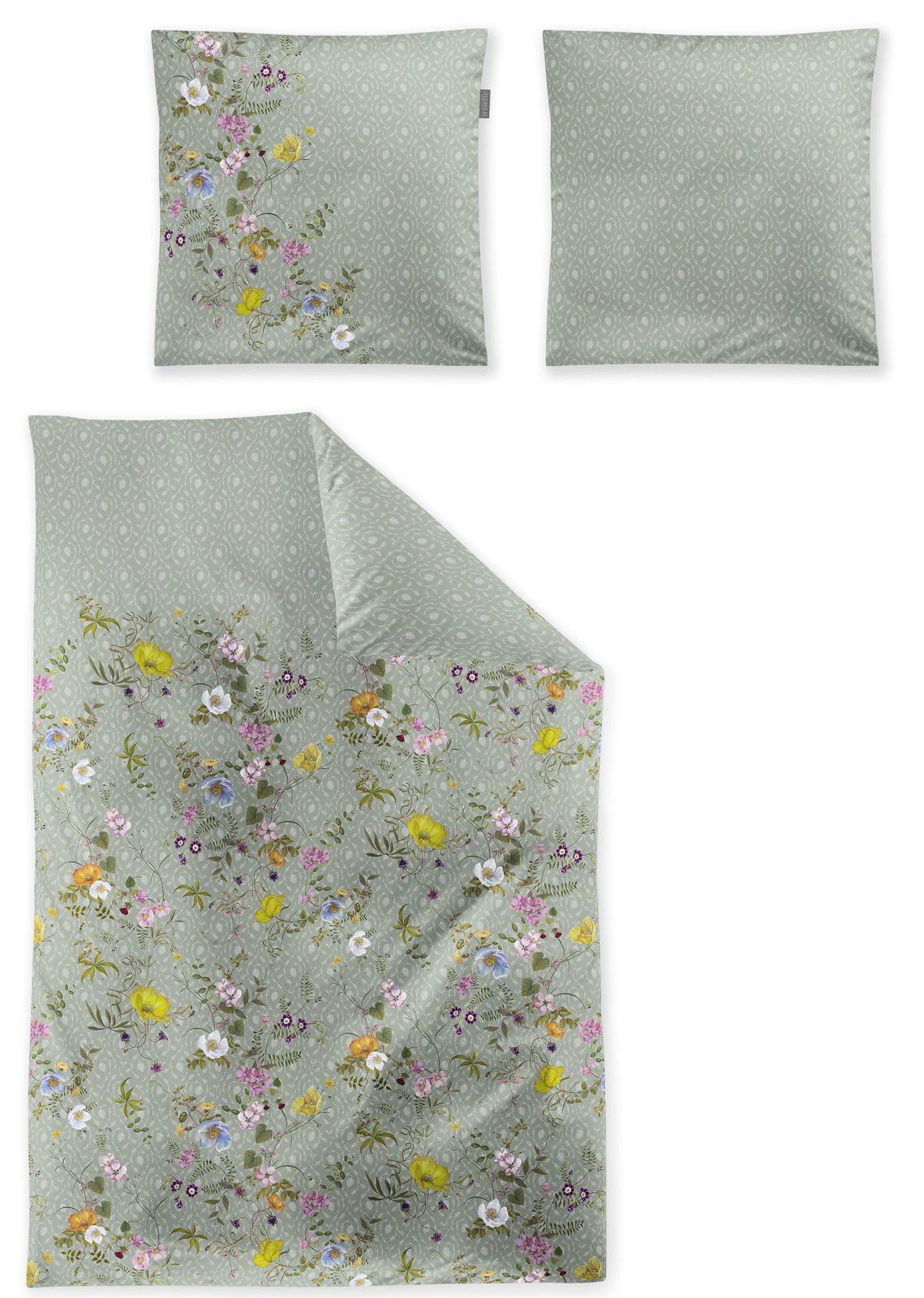 irisette Bettwäsche TOKIO Bettwäsche-Set in sanftem Grün mit floralen Mustern, bestehend aus einem Bettbezug und zwei Kissenbezügen, aus der Vogelperspektive fotografiert.