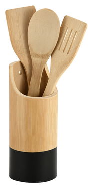 Küchenhelfer-Set aus Holz, bestehend aus vier Teilen, in einem stilvollen Halter. Frontalansicht.