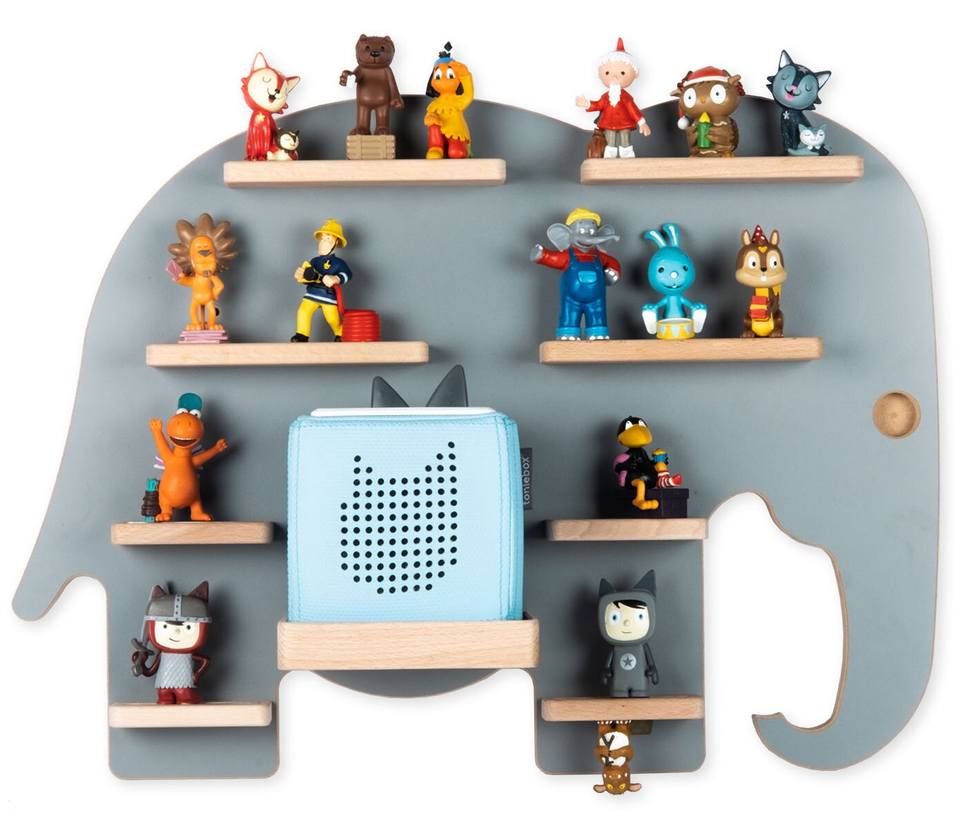 Frontansicht eines grauen, elefantenförmigen Wandregals aus Holz mit mehreren kleinen Ablagen, bestückt mit bunten Spielfiguren in der Mitte steht eine hellblaue Toniebox.