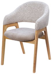 Moderner Armlehnstuhl mit Holzgestell und gepolstertem Sitz und Rückenlehne, seitliche Perspektive