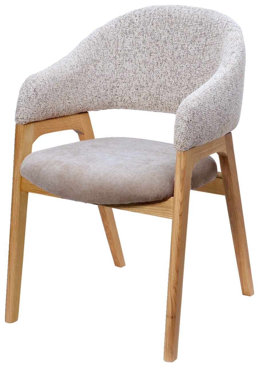 Moderner Armlehnstuhl mit Holzgestell und gepolstertem Sitz und Rückenlehne, seitliche Perspektive