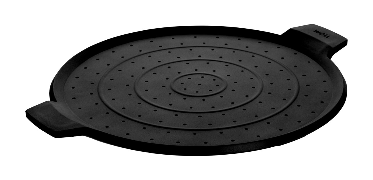 Woll Spritzschutz Ø 28 cm SILICONE Schwarzer Spritzschutz mit einem Durchmesser von 28 cm, aus der Seitenperspektive fotografiert, mit kleinen Löchern und zwei Griffen.