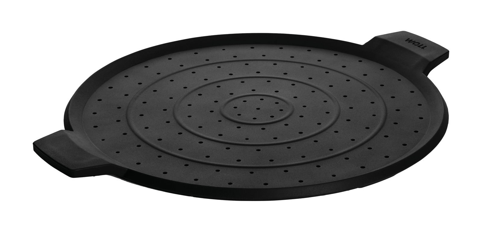 Schwarzer Spritzschutz mit einem Durchmesser von 28 cm, aus der Seitenperspektive fotografiert, mit kleinen Löchern und zwei Griffen.