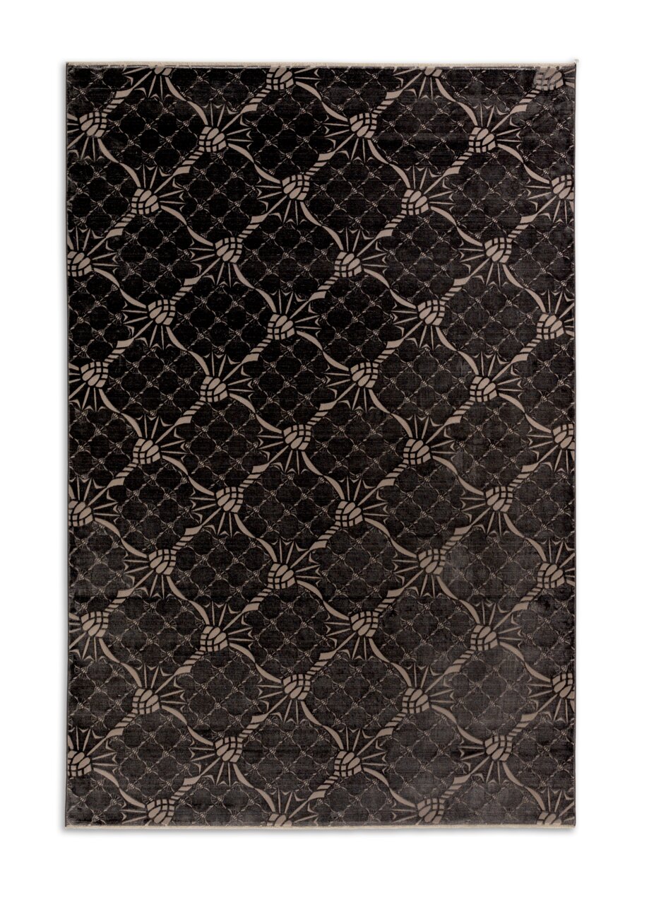 Teppich mit schwarzem und grauem Kornblumenmuster, Draufsicht