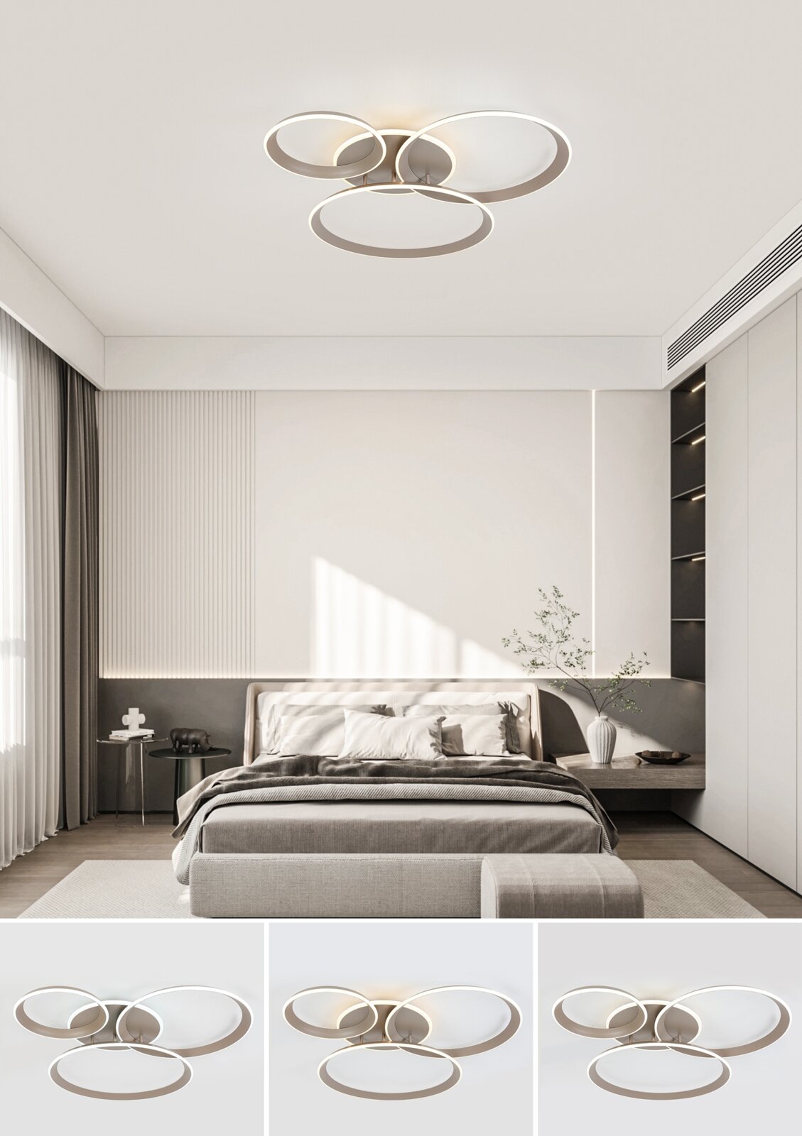 Moderne led-plafondlamp met drie in elkaar verweven ringen, van onderaf gezien in een stijlvolle slaapkamer.