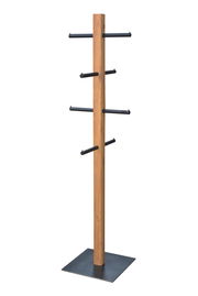 Moderner Kleiderständer aus Holz mit mehreren schwarzen Haken, seitliche Perspektive.